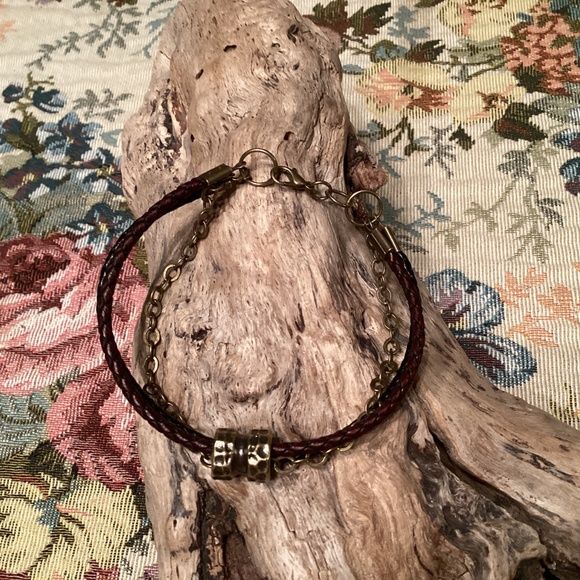 Mens Black / Brown Leather Brass Chain Bracelet 9.5” - Picture 3 of 4